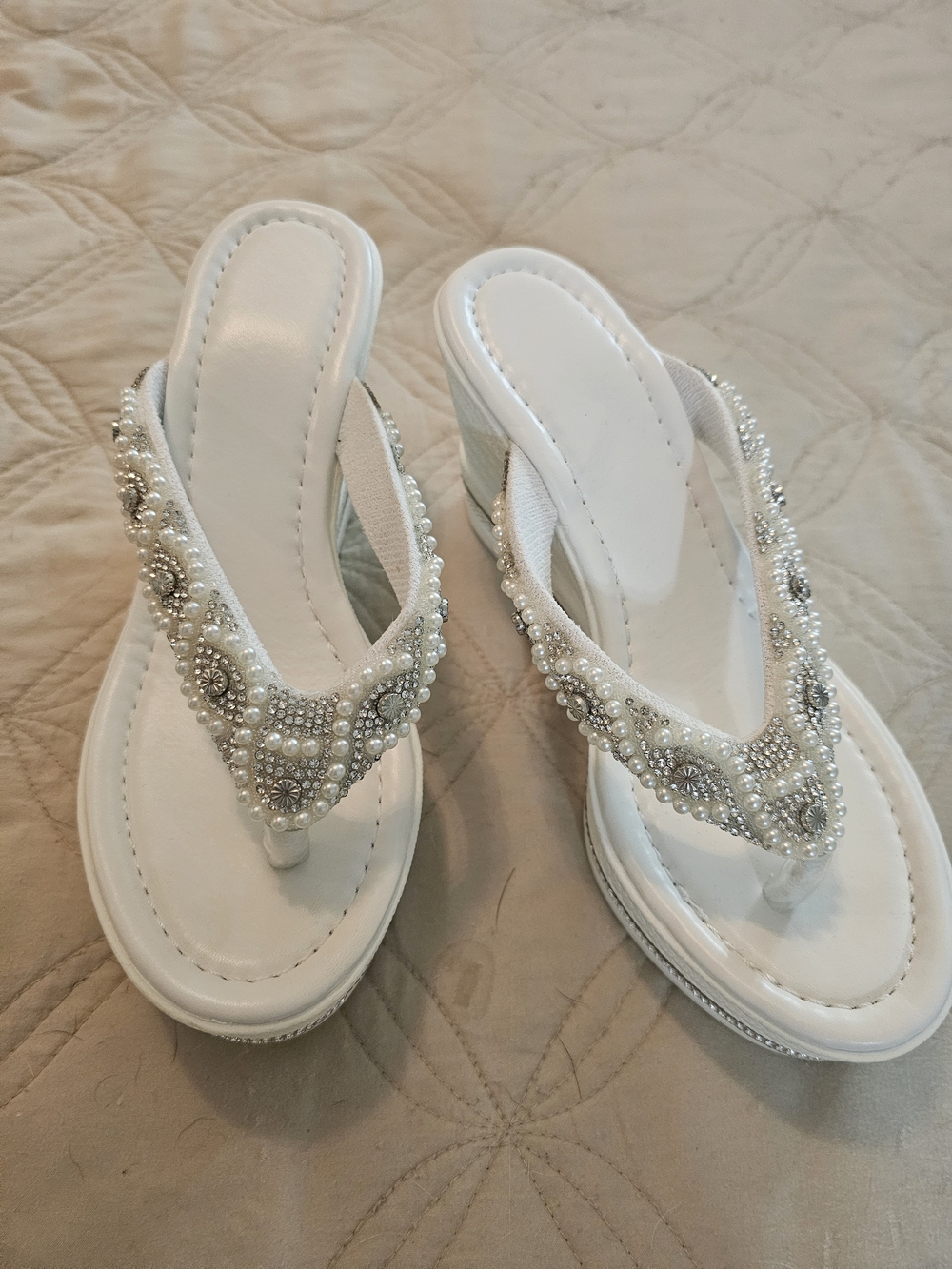 Embellished White Pearl Thong Sandals - Women